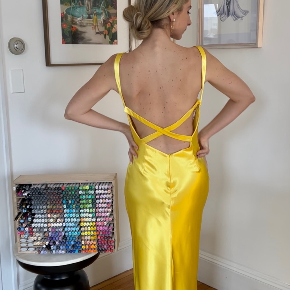 Perfectly Classy Yellow Satin Strappy Maxi Dress, Lulus, NWT